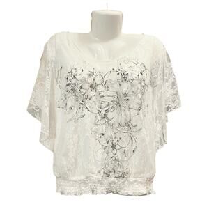 Lavish Women's White Lace W Attached Tank Short Sleeve Elastic Waist Blouse SZ M